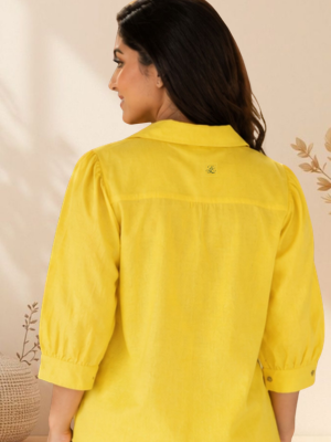 Linen Puff Sleeve Shirt – Yellow, back view