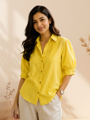 Linen Puff Sleeve Shirt – Yellow, full length