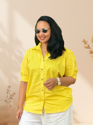 Linen Puff Sleeve Shirt – Yellow, side view