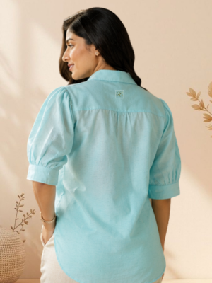 Linen Puff Sleeve Shirt – Coral Blue, back view