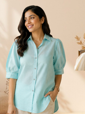 Linen Puff Sleeve Shirt – Coral Blue, full length