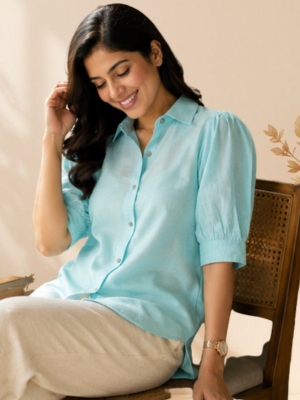 Linen Puff Sleeve Shirt – Coral Blue, side view