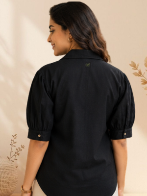 Linen Puff Sleeve Shirt – Black, back view