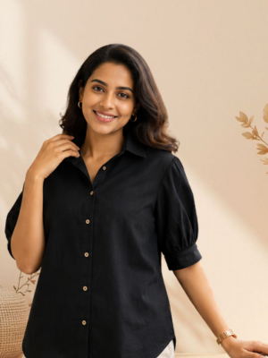 Linen Puff Sleeve Shirt – Black