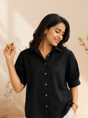 Linen Puff Sleeve Shirt – Black, full length