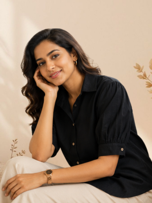 Linen Puff Sleeve Shirt – Black, side view