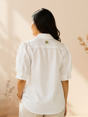 Linen Puff Sleeve Shirt – White, back view