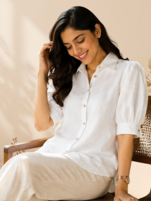 Linen Puff Sleeve Shirt – White, side view